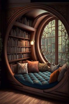 a room with bookshelves and a couch in front of a large round window