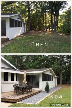 the before and after pictures of a backyard makeover with wood decking, white siding, and black shutters