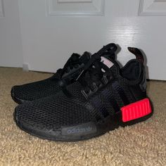 Brand New Black Adidas Nmd R1 With Red Accents Adidas Nmd Black, Adidas Nmd R1, Nmd R1, Adidas Nmd, New Sneakers, Red Accents, Black Adidas, Adidas Shoes, Adidas Women