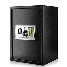 a black safe box with an electronic keypad