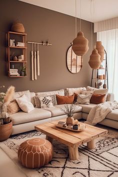 a living room filled with lots of furniture next to a wall mounted clock on the wall