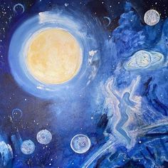 an acrylic painting of planets and the sun in blue, yellow and white