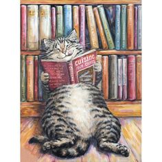 a painting of a cat reading a book in front of a bookshelf