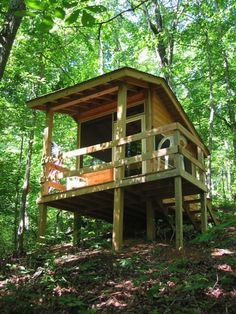 a small wooden cabin in the woods surrounded by green leaves and trees, with stairs leading up to it's second floor