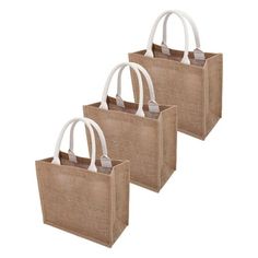 three jute bags with white handles are shown in three different sizes and colors, one is