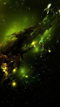 an abstract space scene with green and yellow lights