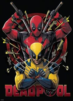 deadpool movie poster with deadpool and wolverine in the center, surrounded by swords