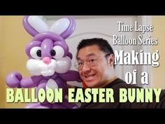 a man holding an inflatable balloon that looks like a bunny with the words balloon easter bunny on it