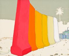 an image of a row of beach towels in the sand