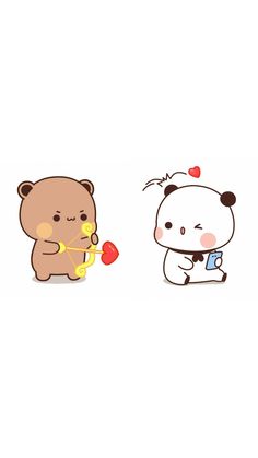 two cartoon bears with hearts on their chests and one bear holding a flower in its mouth