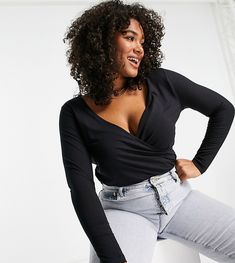 Vision 2023, Long Sleeve Wrap Top, Asos Curve, Plus Size Top, Wrap Top, Plus Size Tops, Feminine Style, Workout Tops, Black Fashion