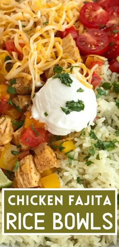 chicken fajita rice bowls with tomatoes, peppers, and other toppings on top