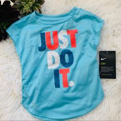 New Toddler Girls Nike Top 2t “Just Do It” Playful Blue Top With Letter Print, Nike Playful Tops, Playful Nike Tops For Playtime, Playful Blue Nike Tops, Blue Letter Print Top For Playwear, Blue Tops With Letter Print For Playwear, Sporty Tops For Spring Playtime, Nike Blue Tops For Spring, Nike Summer Tops