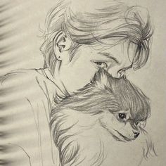 a pencil drawing of a woman holding a dog's head in front of her face