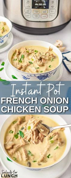 instant pot french onion chicken soup in front of an instant pot