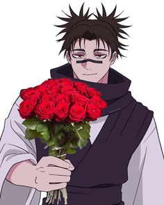 a man holding a bunch of red roses