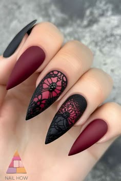 Classy Halloween Nails: Elevate Your Style with Spooky Sophistication 67 Fancy Halloween Nails, Black And Burgundy Nail Designs, Burgundy Halloween Nails, Vampire Inspired Nails, Burgundy And Black Nails, Elegant Halloween Nails, Gothic Ballroom, Villain Nails, October Nail Art