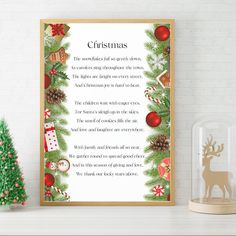 a christmas poem is displayed on a shelf next to a small tree and other decorations