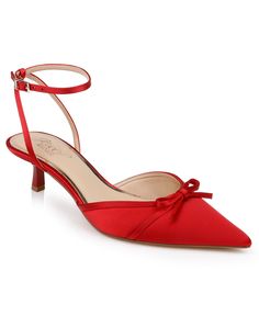 in stock Pointed Toe Kitten Heels, Jewel Badgley Mischka, Subtle Elegance, Fancy Shoes, Kitten Heel Pumps, Celebrity Red Carpet, Red Heels, Red Satin, Heel Pumps