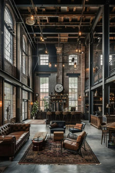 The Industrial Chic Barn style incorporates elements like exposed brick, metal fixtures, and concrete floors to create a trendy, urban vibe. This look is perfect for barndominium interiors, offering a unique blend of rustic and industrial aesthetics. High ceilings and open spaces enhance the industrial feel, while vintage furniture adds warmth. The result is a stylish, functional living space that stands out. Click to discover more industrial chic barndominium interior ideas. Industry Interior Design, Open Ceiling Ideas, Concrete Apartment Interior, Industrial Loft Interior Design, Industrial Interior Design Style, Unique Home Interior Design, Chic Barndominium, Brick Office Interior, Warm Industrial Interior