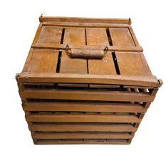 an old wooden box is sitting on a white background