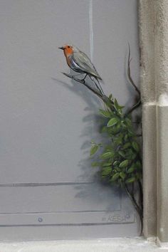 a painting of a bird sitting on top of a tree branch next to a window