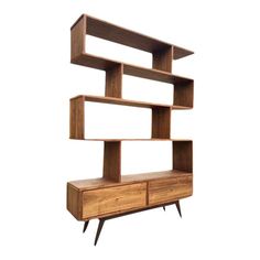 a wooden shelf with three shelves and two drawers on one side, against a white background