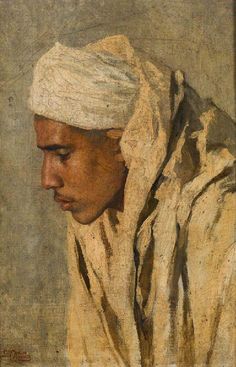 a painting of a man with a white turban on his head looking down