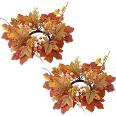 two wreaths made out of leaves and berries on a white background for fall decor