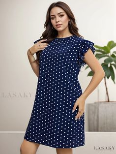 Lasaky - Womens Plus Size Polka Dot Print Ruffle Sleeve Mini Dress - Elegant and Comfortable, with Round Neck and Slight Stretch Dress Elegant, Polka Dot Print, Curve Dresses, Mini Dress With Sleeves, Style Elegant, Dot Print, Elegant Dresses, Polka Dot, Round Neck