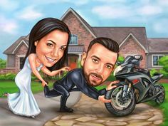 a cartoon caricature of a bride and groom with a motorcycle in front of their house