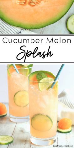 two glasses filled with cucumber melon splash and lime slices on the side