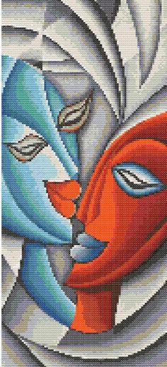 a cross stitch picture of two people kissing each other