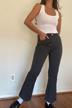 | Striped Fitted Flare Leg Cropped Denim Pants  | 80% Cotton, 20% Spandex  * MODEL IS 5'7″ AND IS WEARING A SMALL Cropped Denim Pants, Womens Trousers, Cropped Denim, Denim Pants, Trousers Women, Capri Pants, Trousers, Spandex, Models