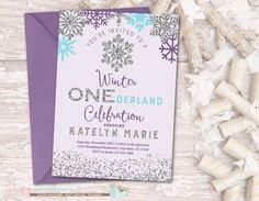 a pink and silver snowflake winter onederland celebration party card with envelope