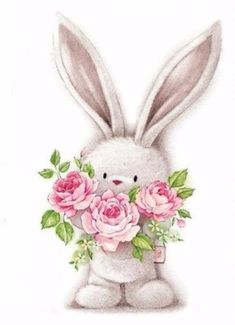 a drawing of a bunny holding flowers