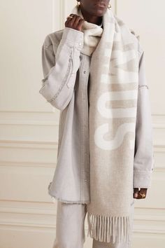 JACQUEMUS Fringed jacquard-knit wool scarf | NET-A-PORTER Jacquemus Scarf Outfit, Jacquemus Scarf, Birthday 20, Winter Wishlist, Nyc Winter, Crisp White Blouse, Bandana Neck, Scarf Trends, Silk Neck Scarf