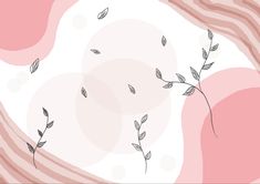 a pink and white background with leaves on the top right corner is an abstract design