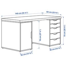 a drawing of a desk with drawers and measurements for the top drawer, side view