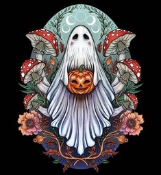 a white ghost with a pumpkin in its mouth surrounded by leaves and mushrooms on a black background