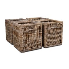 three wicker baskets sitting side by side