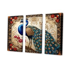 three pieces of art depicting peacocks and flowers