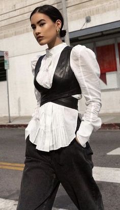 Minimal Chic Style Outfits Edgy, Button Up With Corset, Black Underbust Corset Belt Edgy Style, Harness Fashion Women, Leather Fashion Harness, Corset Layering Street Style, Leather Harness Outfit, Sheer Button Shirt Wiith Corset, Classy Vintage Outfits