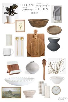 a collage of kitchen items including dishes, spoons and utensils with text overlay that reads elegant farmhouse furniture for the kitchen decor