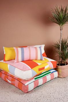 a couch with pillows and a potted plant