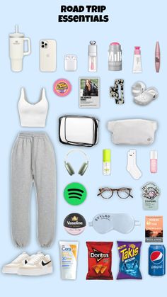 the contents of a woman's travel bag laid out on top of each other