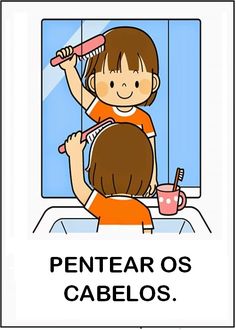 a sign with a girl brushing her hair in front of a window that says, pentear os cabelos