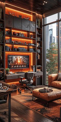 a living room filled with furniture and a fire place in the middle of it's wall