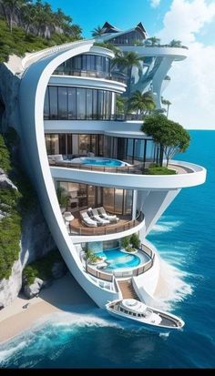 an unusual house on the water with a boat in it's foreground and a large swimming pool at the top