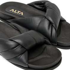 Alta Shoes Material: CueroHecho en Colombia Black Calf Leather Mules With Open Heel, Luxury Sandals With Cushioned Footbed, Black Calf Leather Open Heel Mules, Luxury Synthetic Sandals With Cushioned Footbed, Calf Leather Slip-on Sandals With Cushioned Footbed, Chic Black Footbed Sandals For Beach, Black Calf Leather Sandals For Summer, Modern Black Slides With Padded Heel, Chic Leather Slides With Leather Footbed